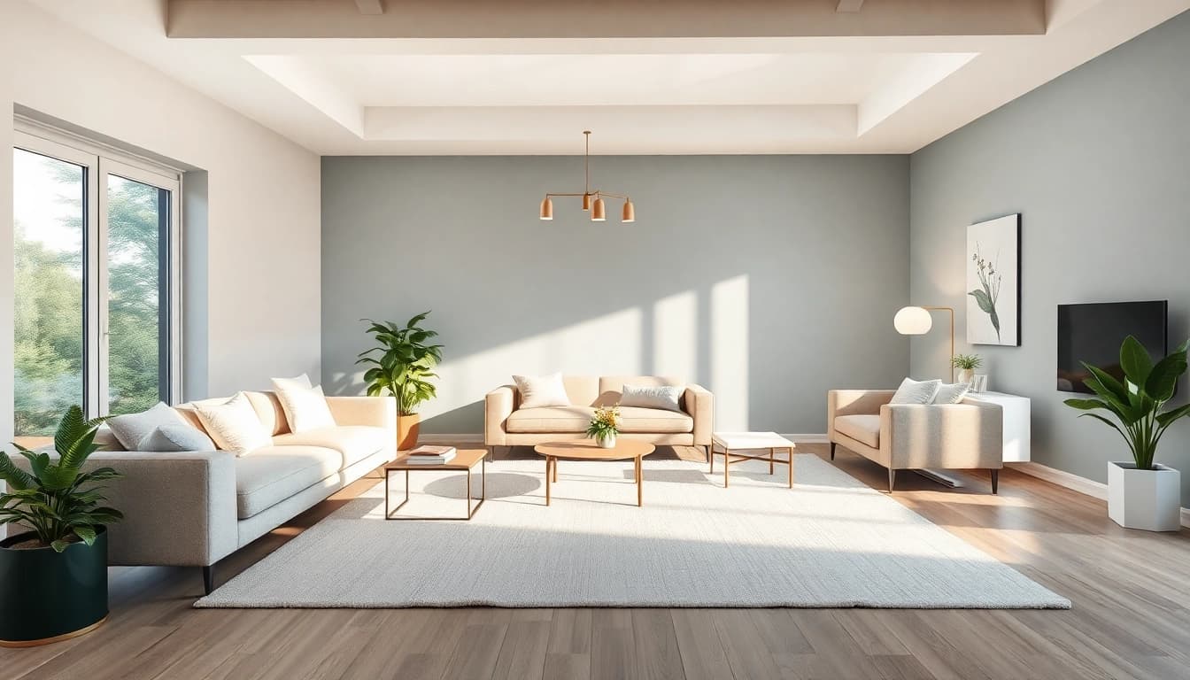 Raumgestaltung eines modernen Wohnzimmers mit großen Fenstern und eleganten Möbeln.