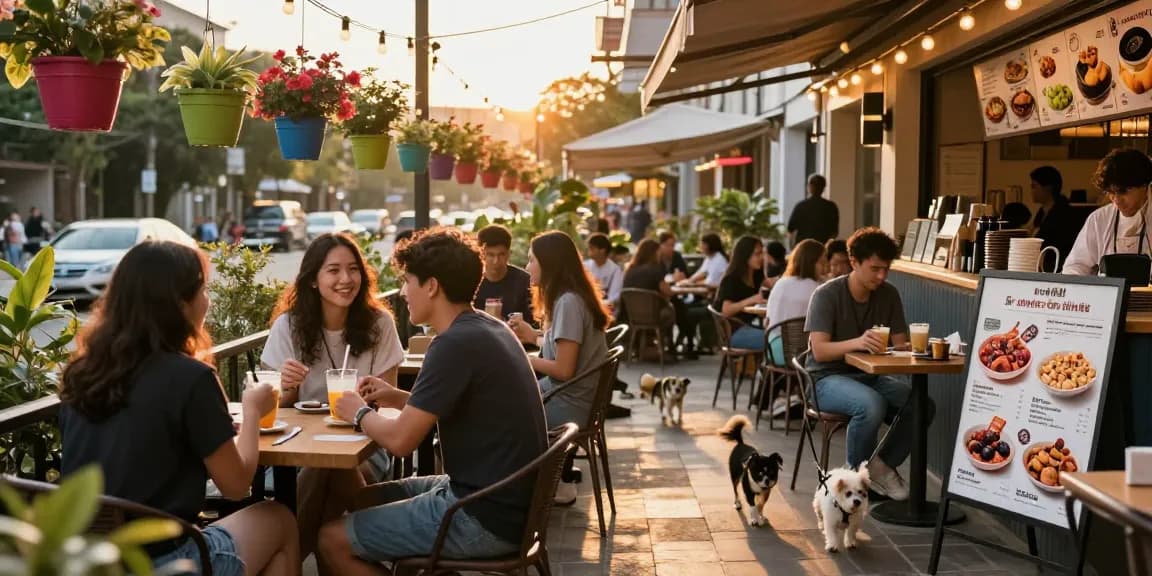 Friends enjoying drinks at café while discussing rokok88 link in warm sunset ambiance.
