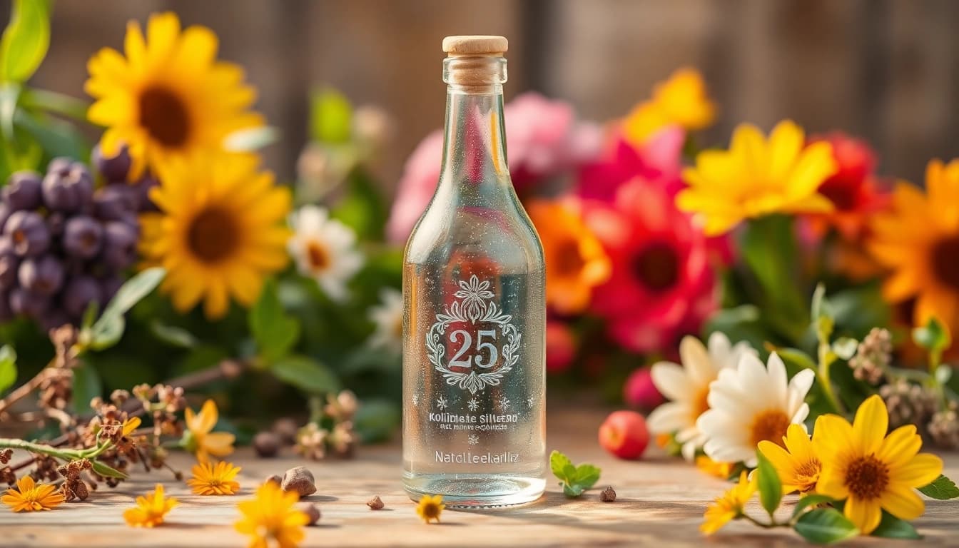 Hochwertiges Kolloidales Silber 25 ppm in einer eleganten Flasche, umgeben von frischen Kräutern und einer beruhigenden Umgebung.