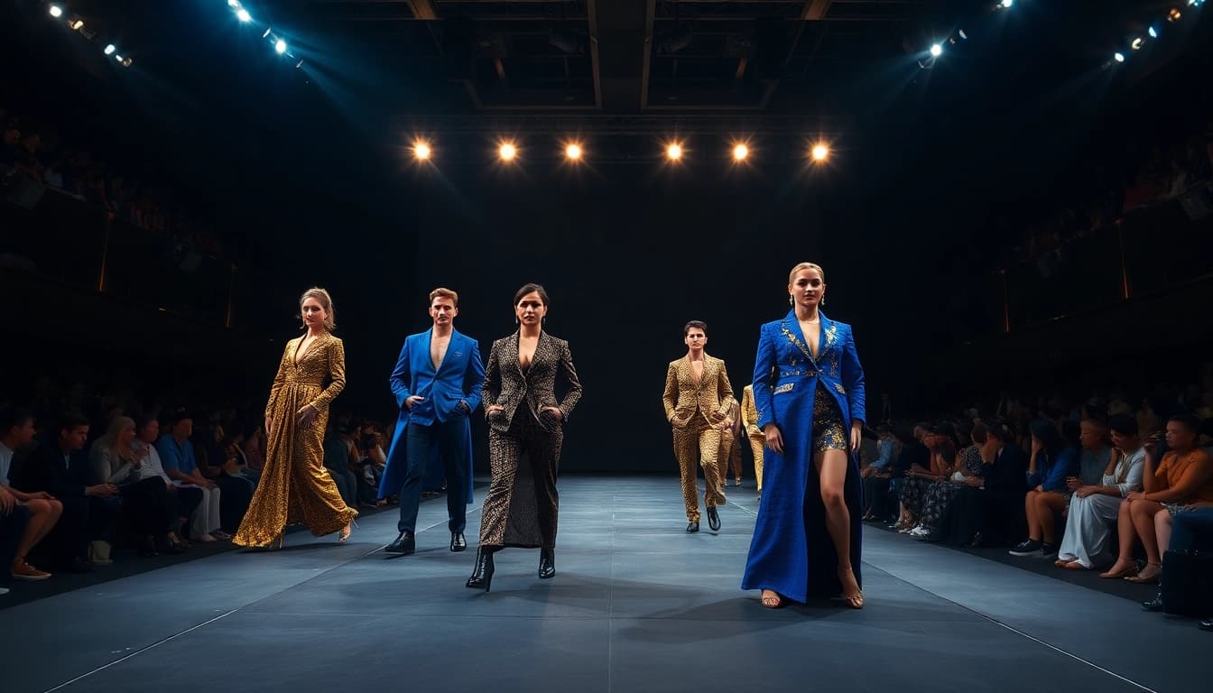 Alvionz models showcasing elegant luxury fashion on a vibrant runway.