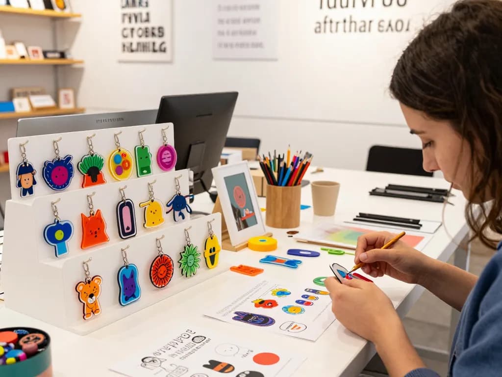 Personalized acryl schlüsselanhänger displayed creatively in a vibrant retail scene.