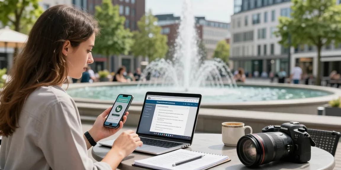 Beratung zur Autoversicherung in Dortmund über WhatsApp, junge Frau mit Smartphone am Tisch in der Stadt.