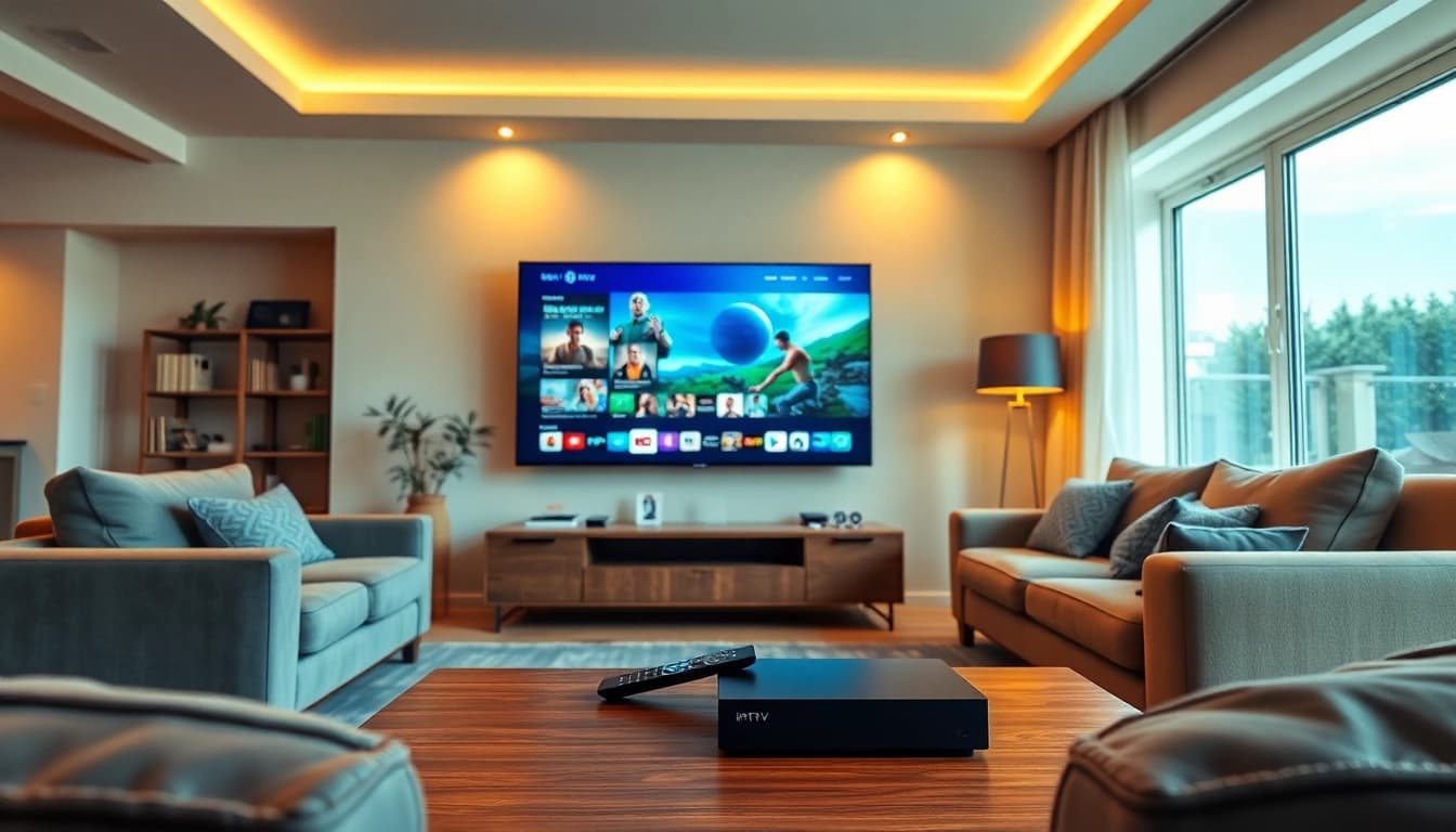 iptv kaufen: Modern living room with IPTV setup featuring a large TV and cozy furnishings.