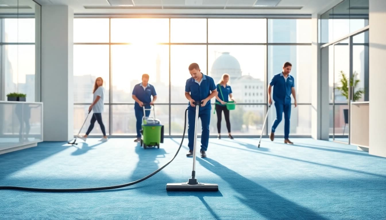 Büroreinigung Berlin: Professionelle Büroreinigung in modernem Ambiente mit Reinigungsteam.