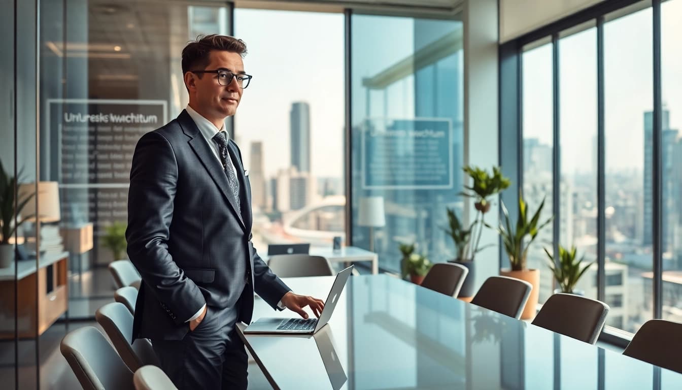 Headhunter CEO präsentiert strategische Führung im modernen Büro mit urbanem Blick.