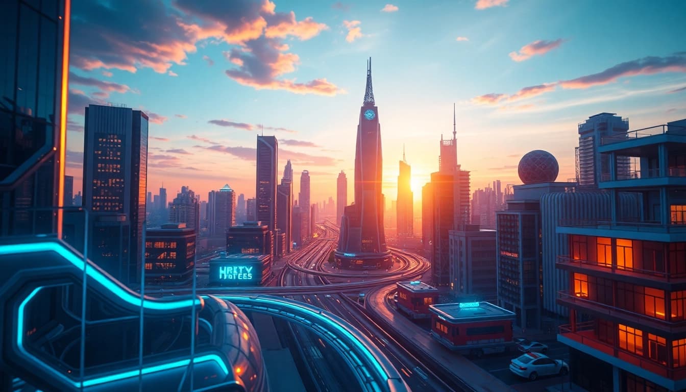 3D Animation eines futuristischen Stadtbildes bei Sonnenuntergang mit lebendigen Farben.