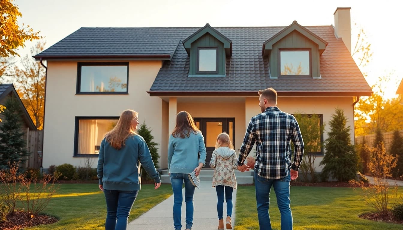 Familie steht glücklich vor ihrem neuen Zuhause, ein optimales Beispiel für einen erfolgreichen Hauskauf.