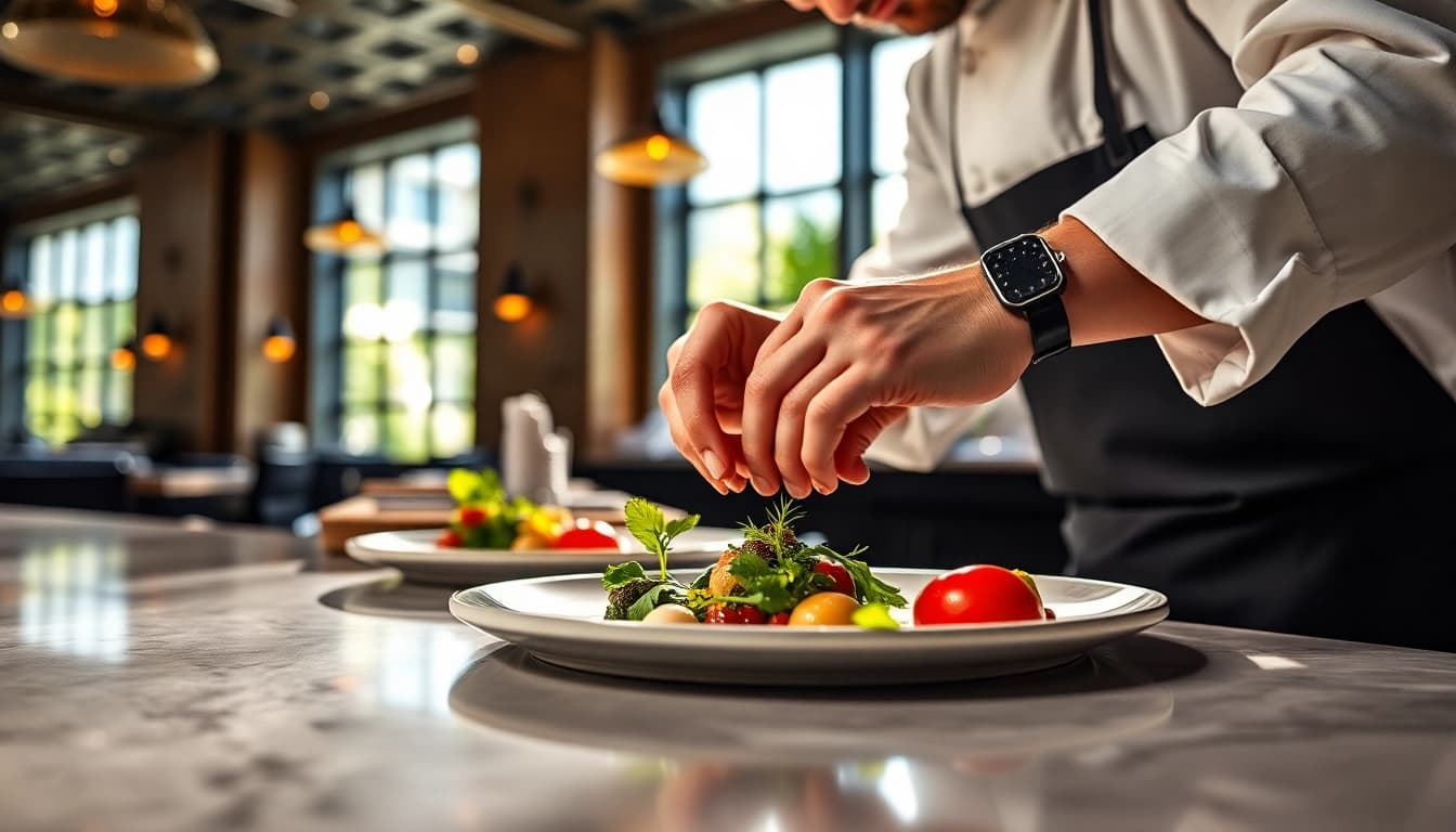 In der Gastronomie kreiert ein Koch sorgfältig eine feine Speise auf einem eleganten Teller.