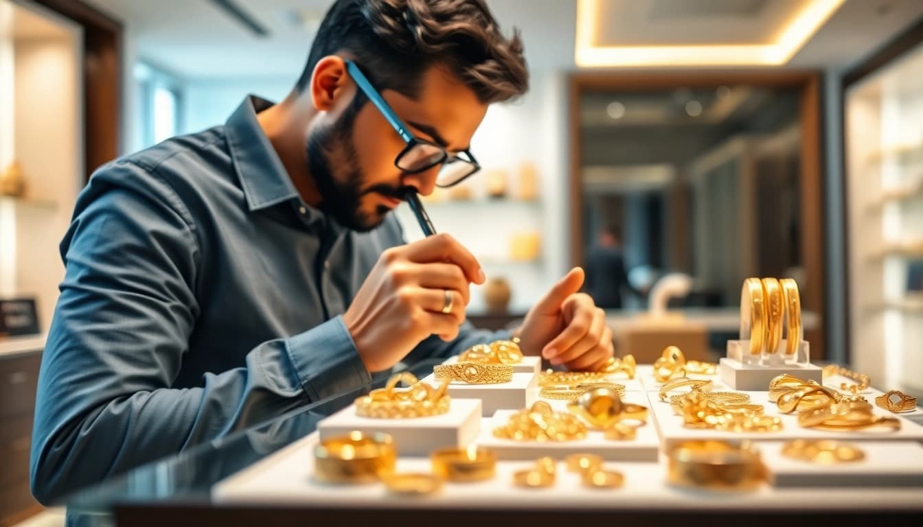 Gold verkaufen Berlin: Juwelier prüft Goldschmuck in modernem, einladendem Geschäft.