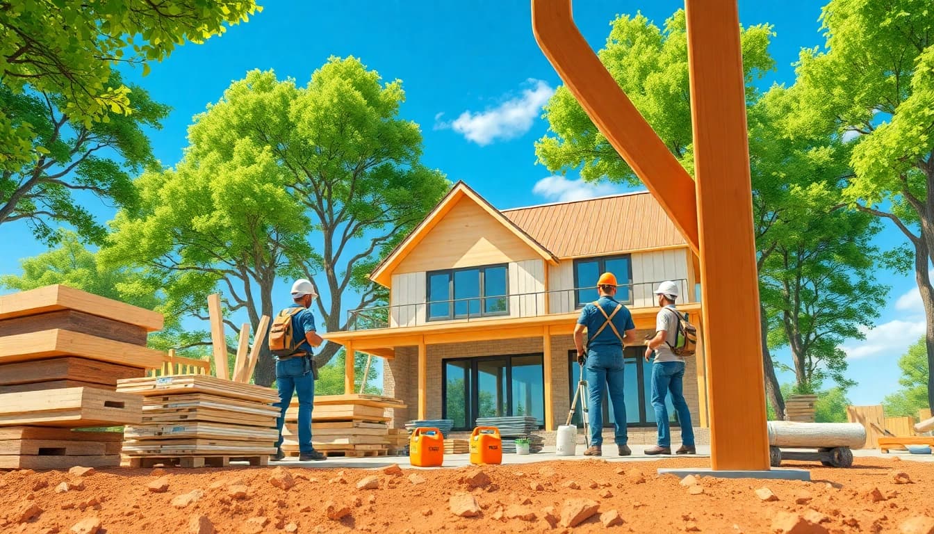 Effizienter Bauprozess beim Haus bauen mit Arbeitern und Geräten im Einsatz