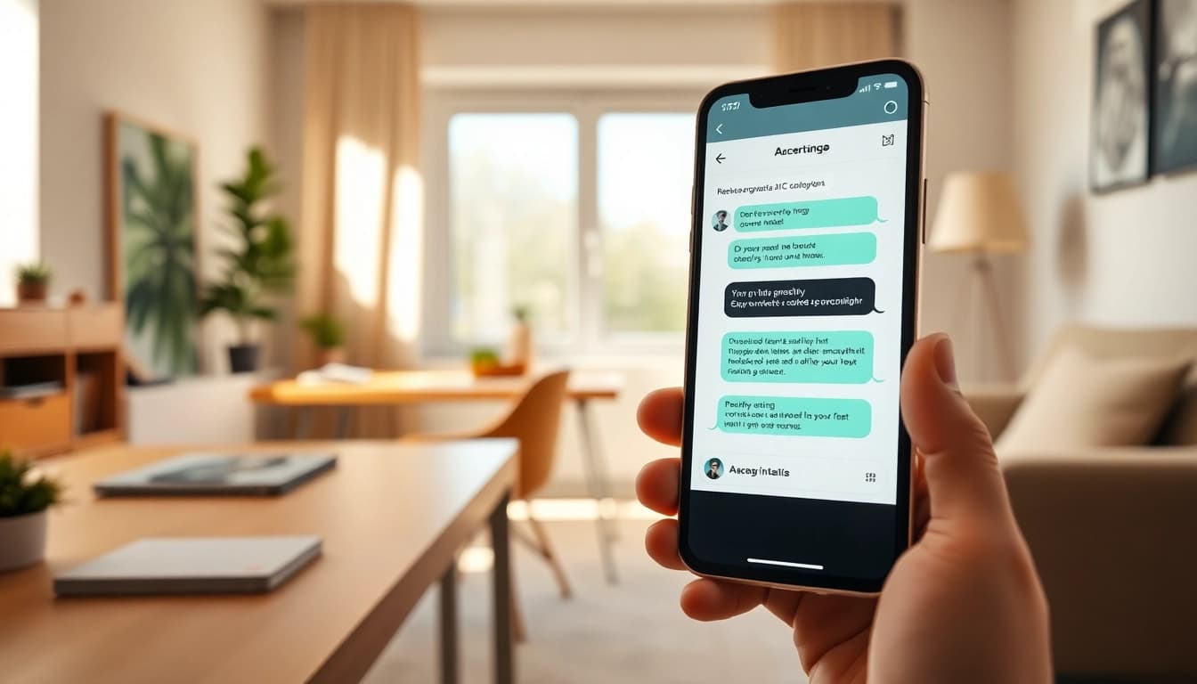 ki freundin zeigt einen freundlichen AI-Chatbot auf einem modernen Smartphone in einer gemütlichen Umgebung.