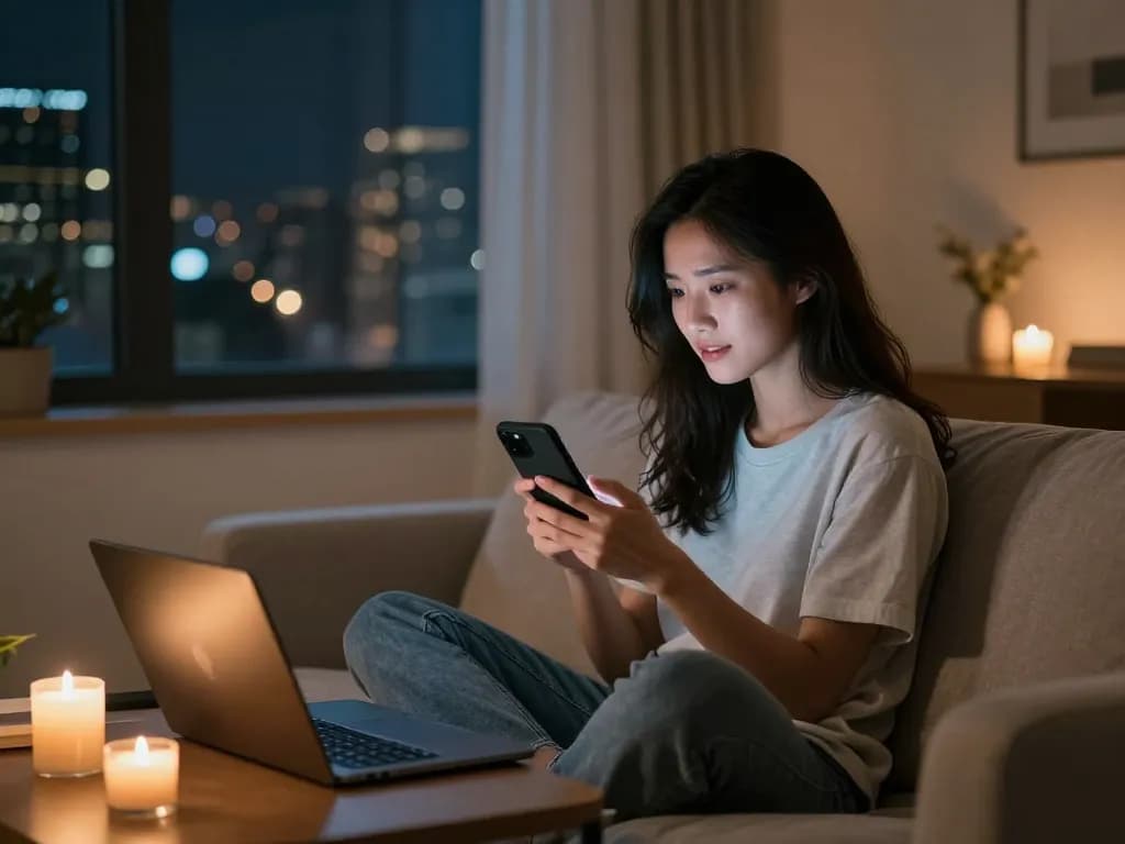Young woman engaging in sexting AI conversation in a cozy apartment setting.