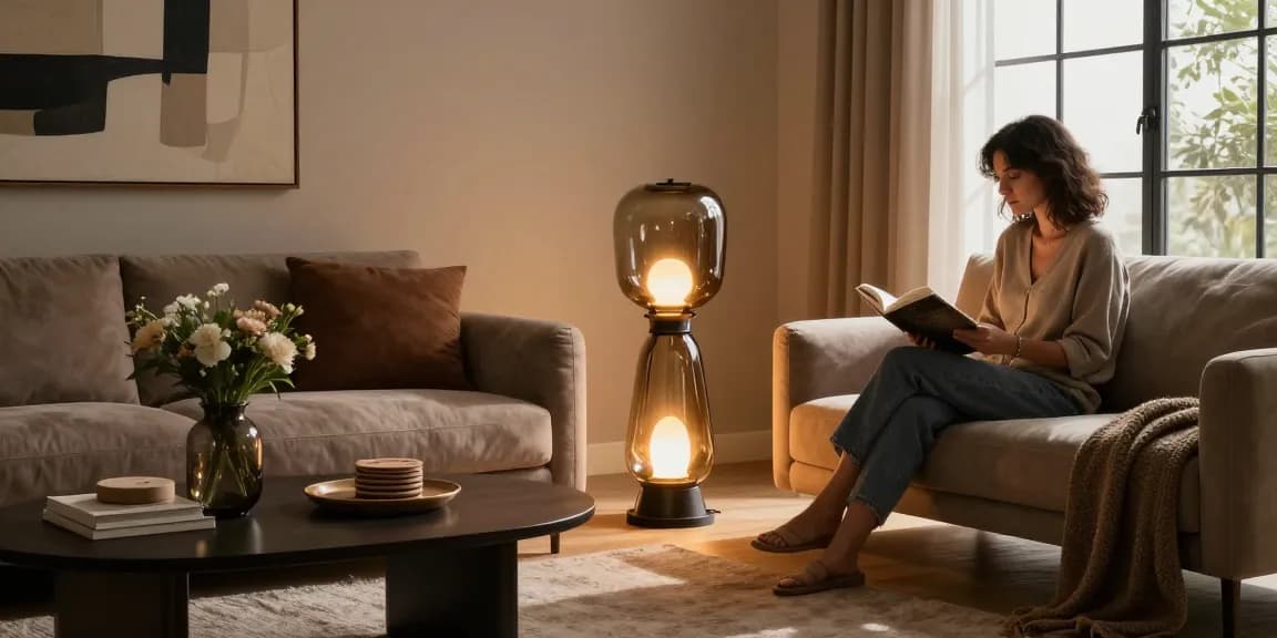 Stehlampen Rauchglas, die ein gemütliches Wohnzimmer mit stilvollem Dekor und warmer Atmosphäre beleuchten.