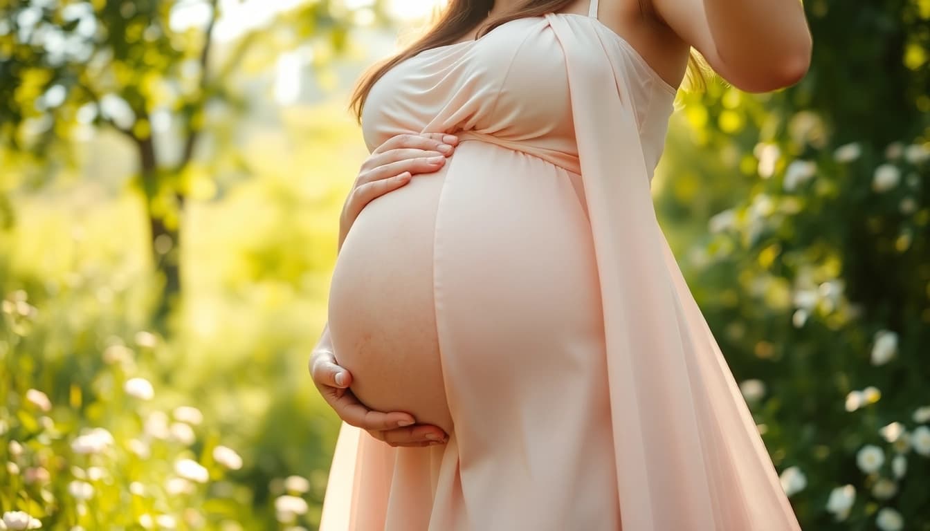 Babybauch Shooting München: Schwangere Frau strahlt Glück in einer natürlichen Umgebung aus.