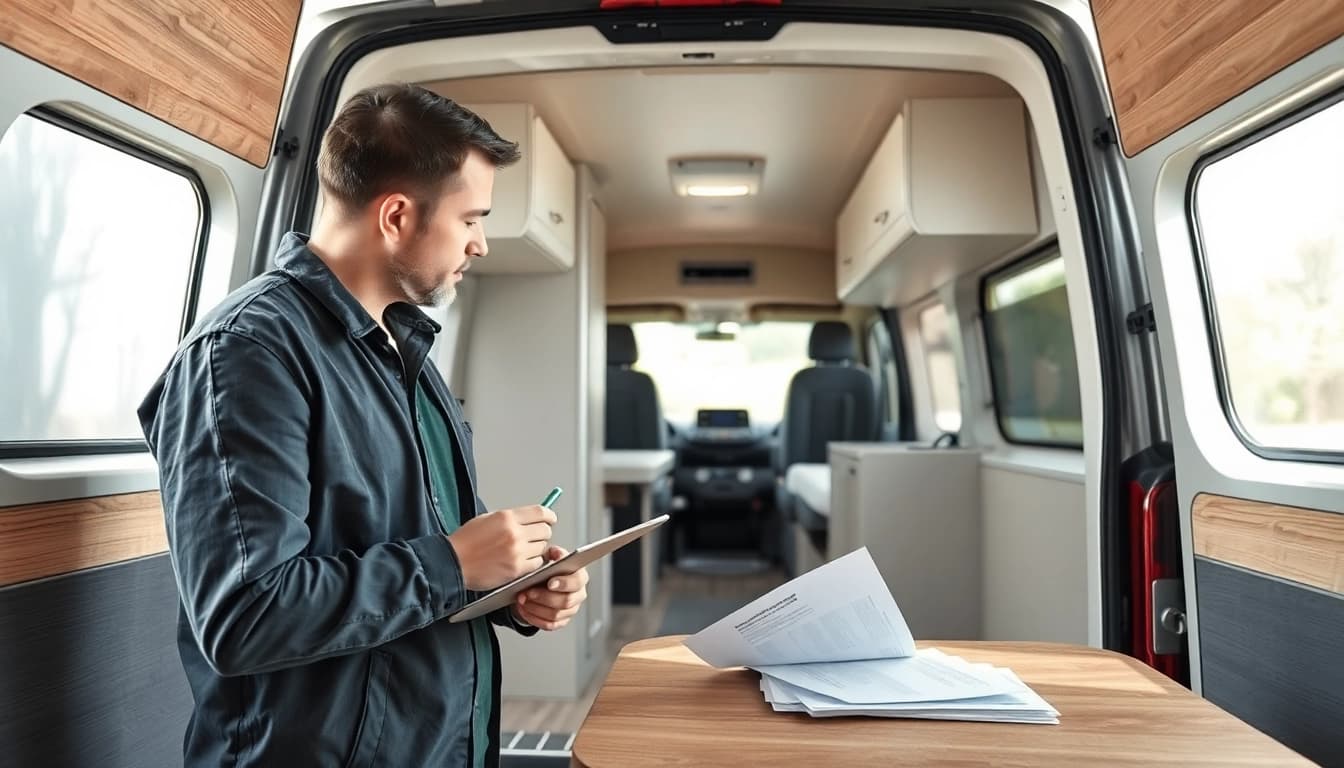 Wohnmobil Gutachten Augsburg: Expert conducting a thorough inspection of a camper van.