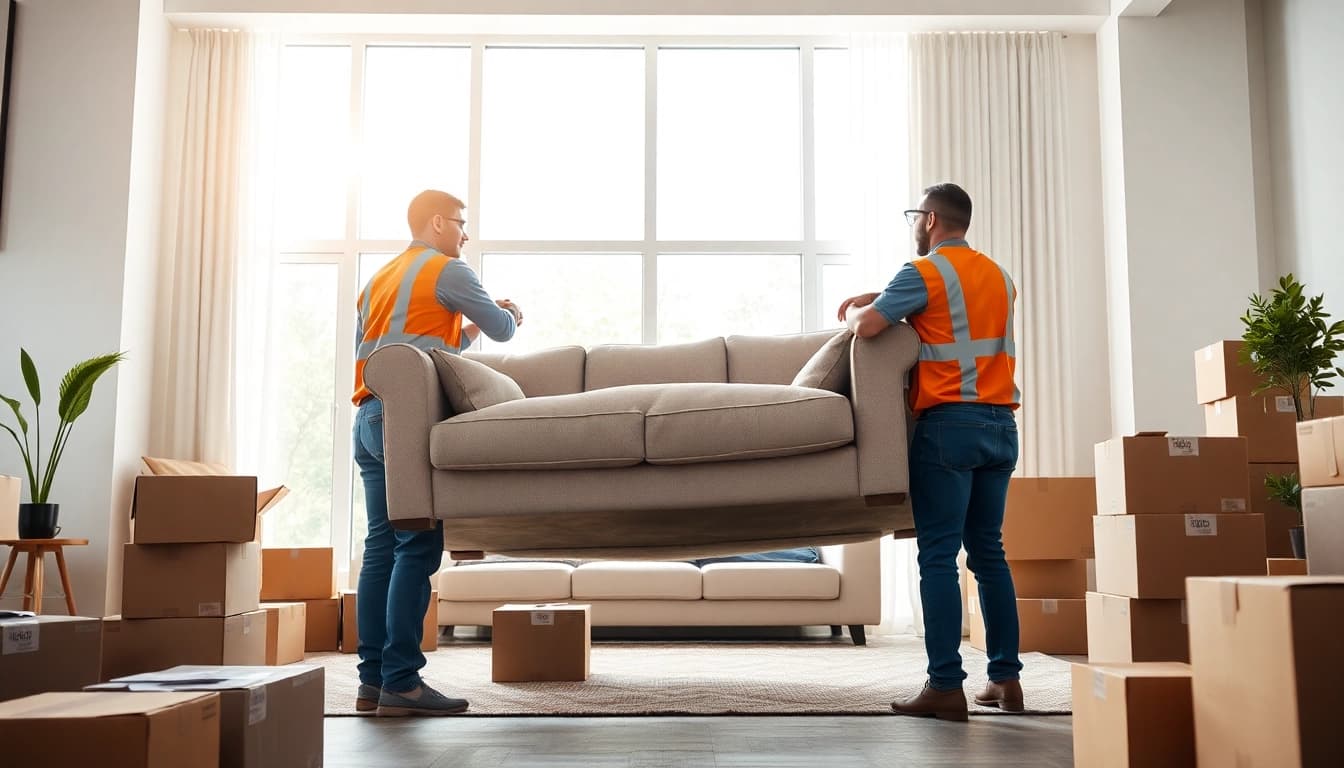 Umzugsfirma transporting a sofa in a bright room, showcasing professional teamwork during a move.