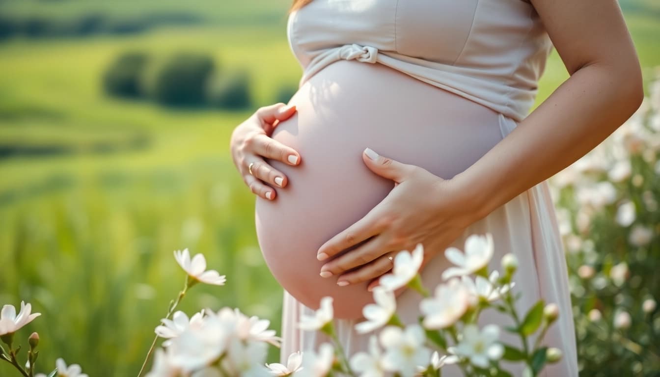 Wunderschönes Babybauch Fotoshooting einer schwangeren Frau in der Natur mit sanften Farben.