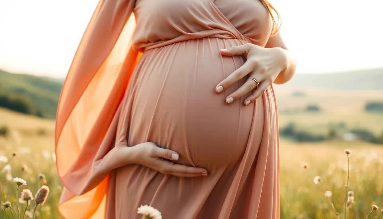 Wunderschönes Babybauch Fotoshooting einer Schwangeren im Freien, umgeben von Natur.