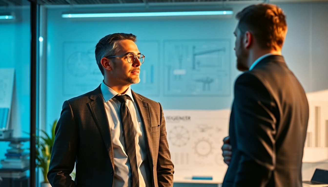 Headhunter Ingenieure im Gespräch mit einem Ingenieur in einem modernen Büro.