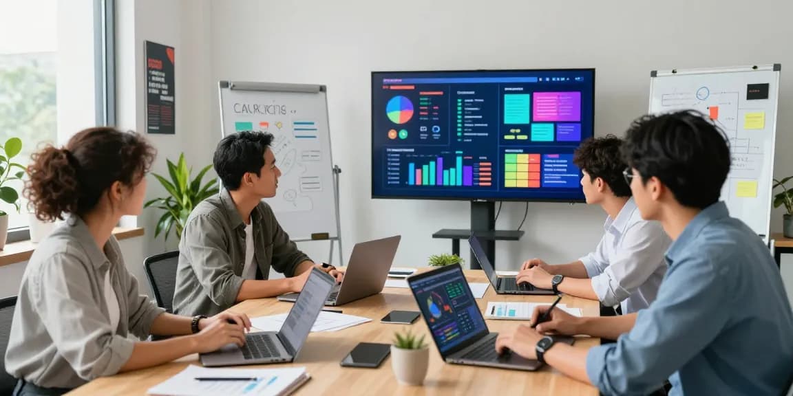 Kollaboratives Team in einem modernen Büro, das die Online-Marketing-Strategien von MyQuests mit angezeigten Datenanalysen diskutiert.