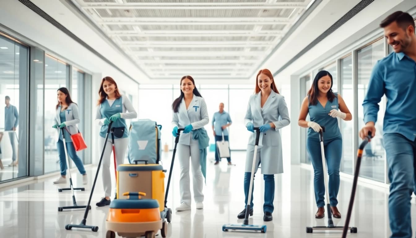 Effektive Gebäudereinigung Ulm durch ein motiviertes Team in modernem Büro.