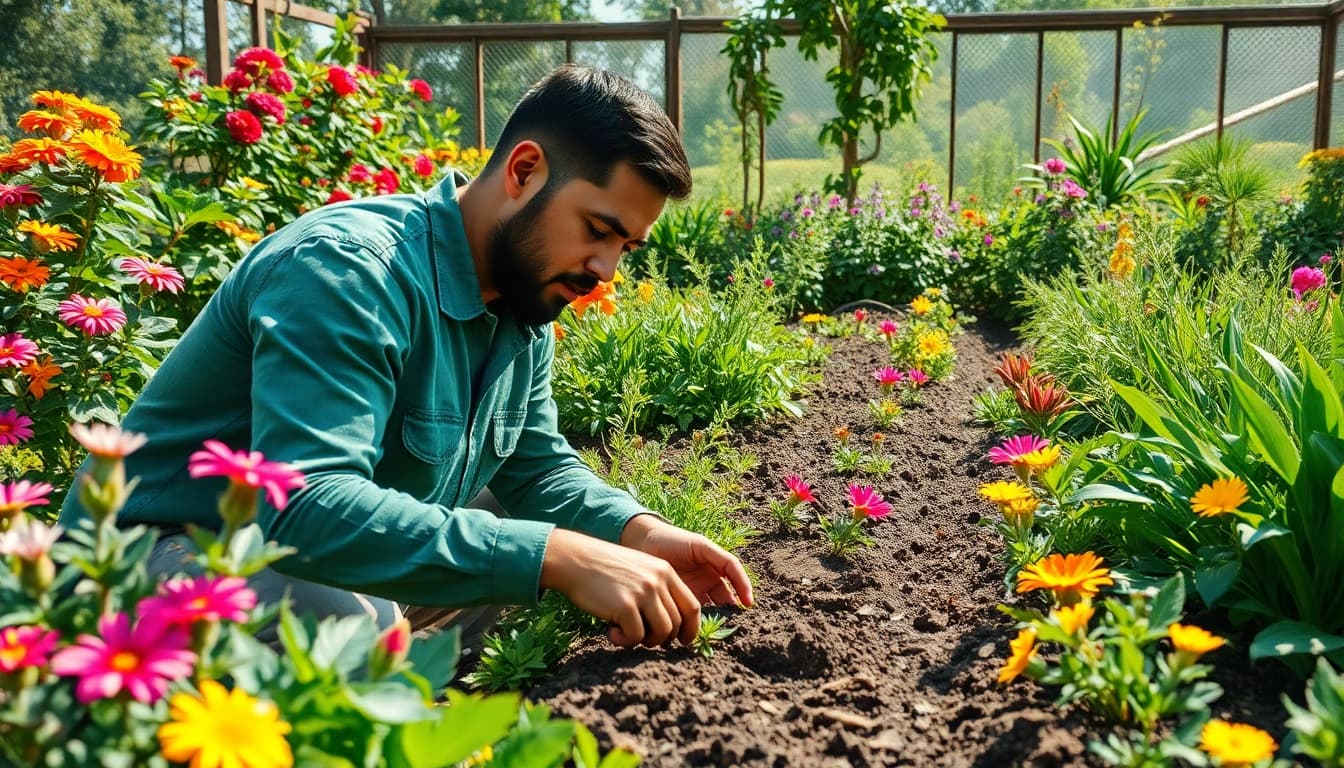 Gartenbau-Experte gestaltet lebendigen Garten mit bunten Pflanzen und Blumen.