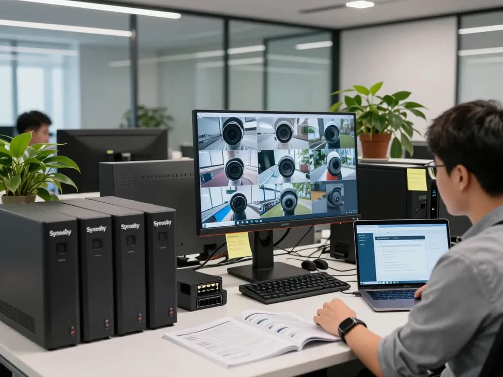 Überwachungssetup mit Kameras in einem modernen Büro, das lizenzierte Synology-Produkte und mehrere Feeds zeigt