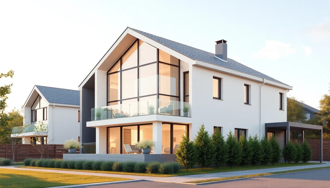 Erleben Sie eine beeindruckende architektur visualisierung eines modernen Wohnhauses mit warmen Farben und klarer Perspektive.