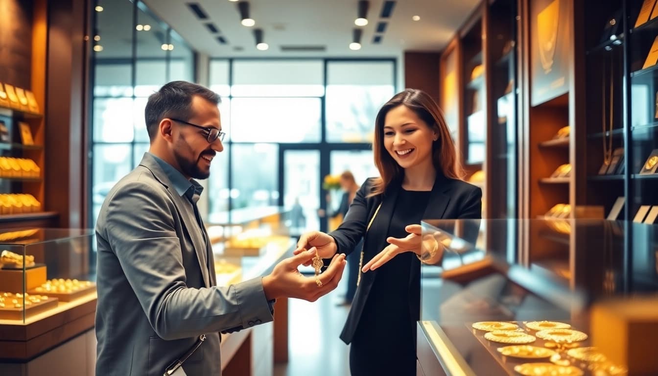 Gold verkaufen Berlin: Kunden übergeben stolz ihren Schmuck in einem modernen Geschäft.