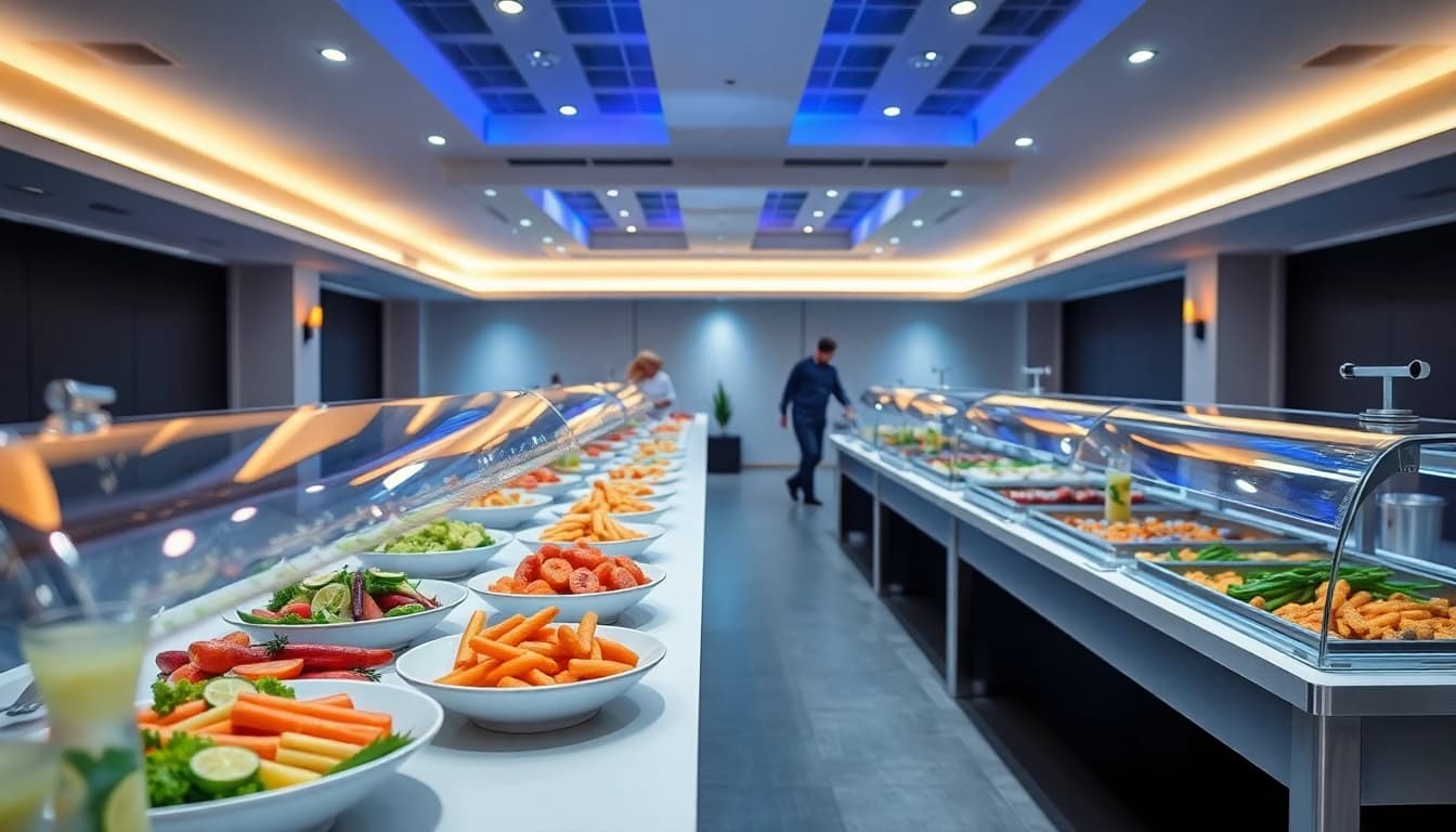 Catering Buffet mit einer Auswahl an feinen Speisen und Getränken in einem stilvollen Raum.