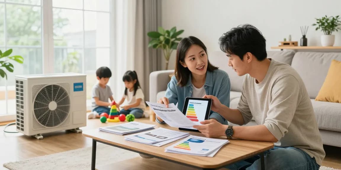 Family discussing wärmepumpe kaufen in a cozy living room, showcasing energy-efficient solutions.