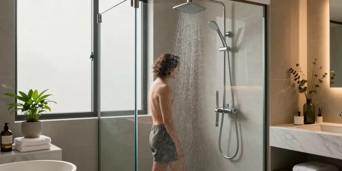 Moderne doucheruimte met een slanke glazen douchewand en elegante armaturen, uitnodigende sfeer.