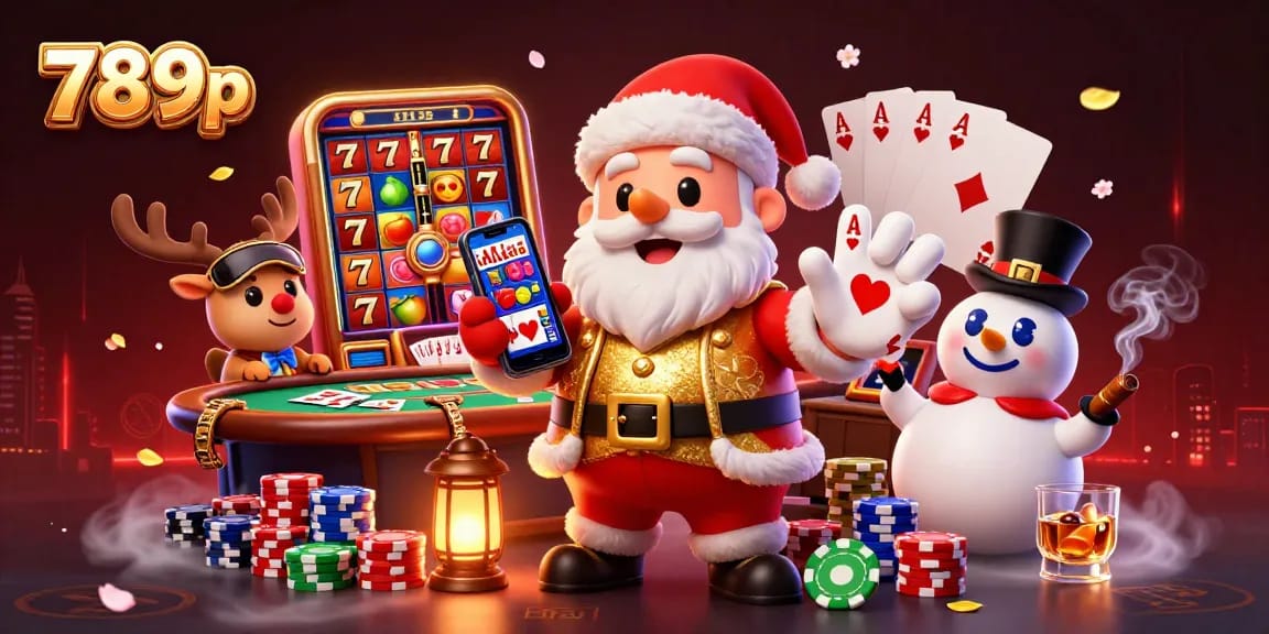 Join 789p's festive gaming scene with Santa and friends enjoying slots and poker!