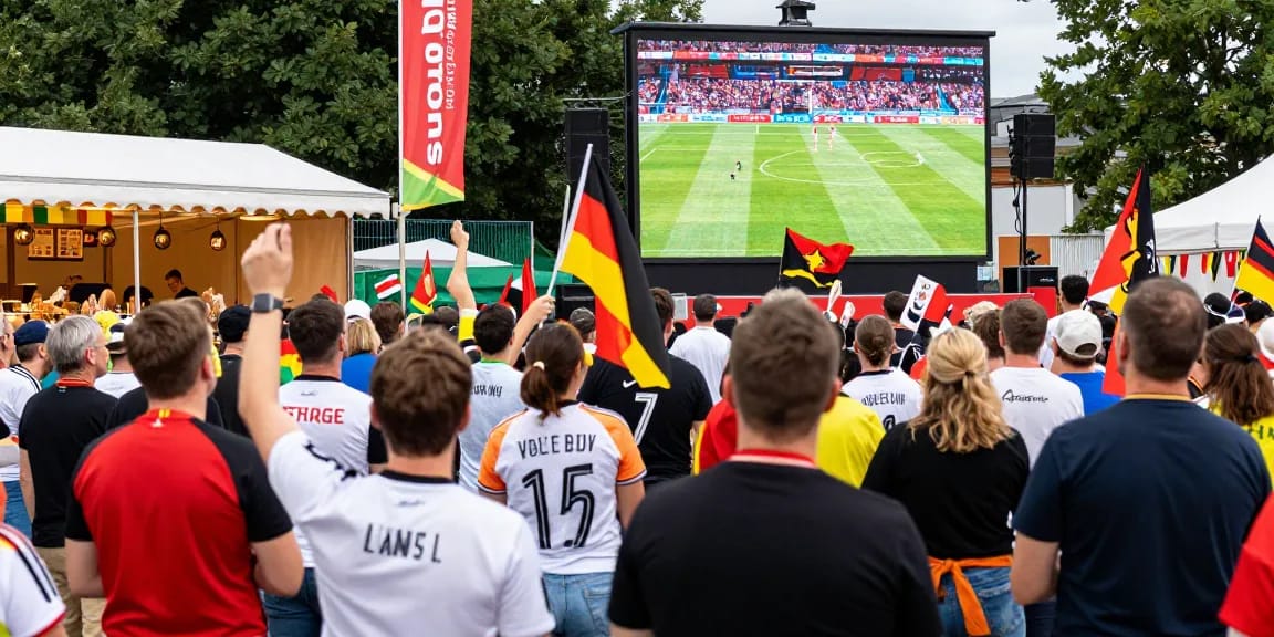 Fußball WM Deutschland 2026: Fans feiern begeistert in einer öffentlichen Live-Übertragung mit großen Bildschirmen und Feststimmung.