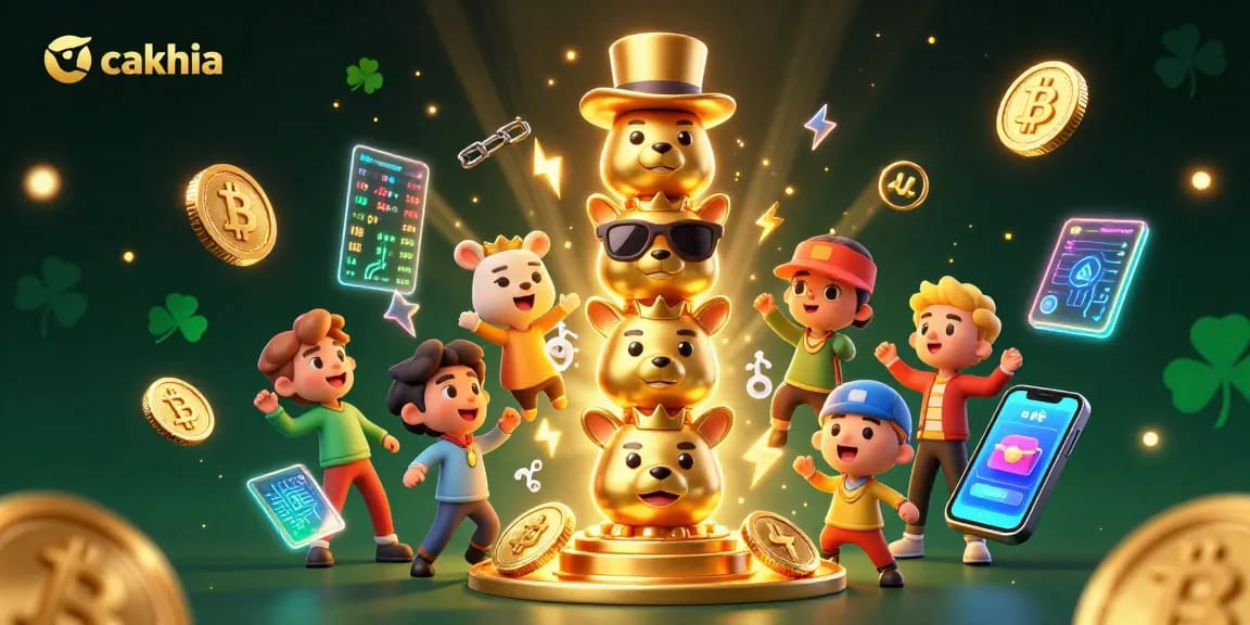 Cakhia in a rich scene with 3D cartoon totem and vibrant crypto elements for online gambling