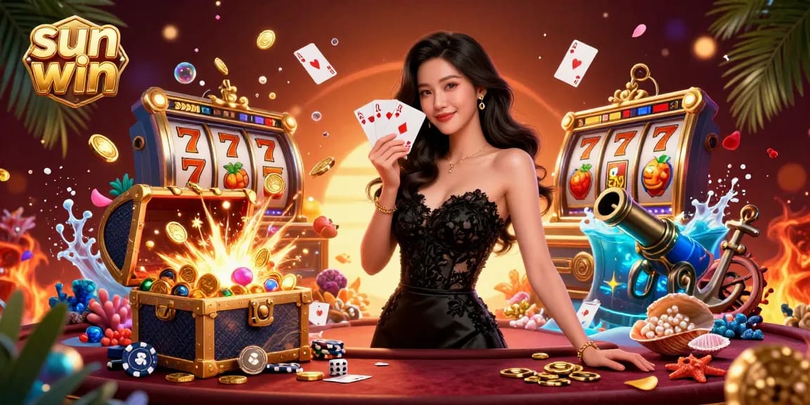 Engage with sun win as a glamorous Asian woman plays cards in a vibrant casino filled with treasures.