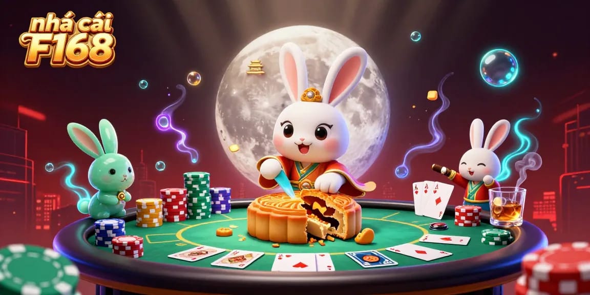 Engage with Nhà cái F168 in a vibrant casino scene featuring characters, poker chips, and dynamic elements.