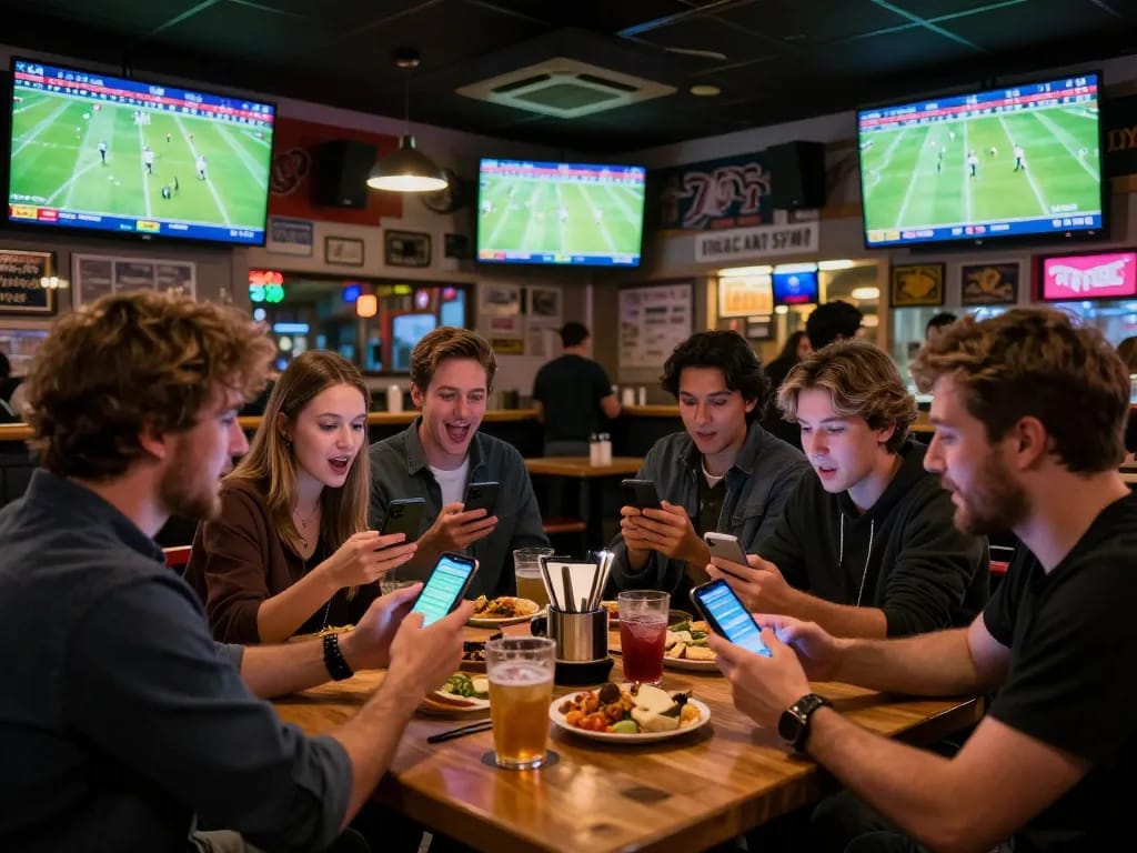 Engaged fans placing bets on แทงบอล at a lively sports bar during live football matches