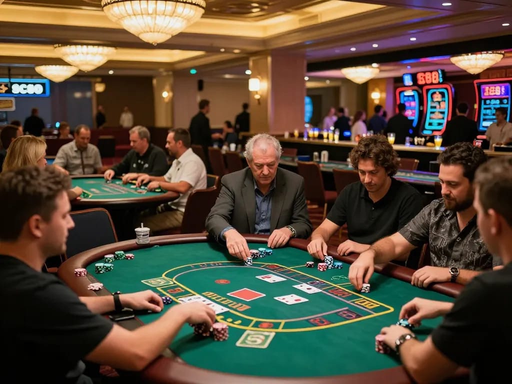 SC88 casino floor filled with players eagerly betting at various tables, highlighting excitement and energy in a vibrant atmosphere