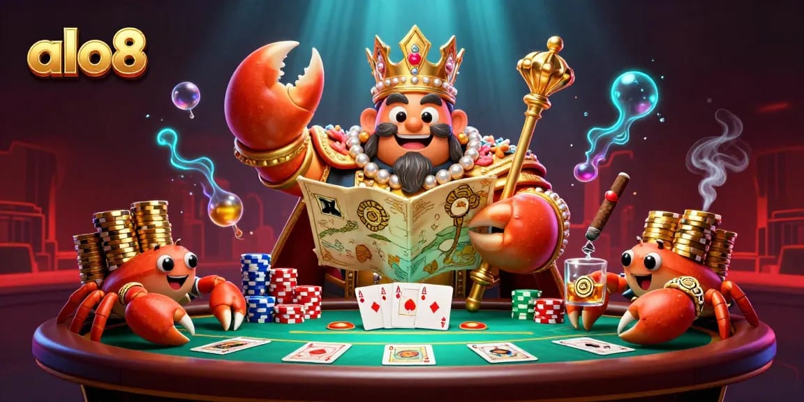 Experience the thrill at alo8 with a golden crab emperor leading a dynamic poker scene.
