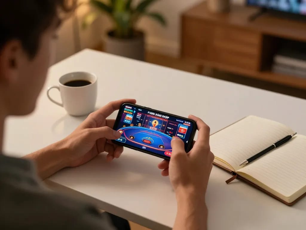 Engaging scene of online casino gameplay showcasing F168N ĐĂNG NHẬP on a smartphone in a cozy home environment.