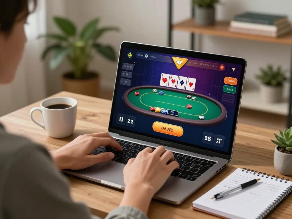 Engaging online poker gameplay on 13win-asia's platform with vibrant interface and strategy notes.
