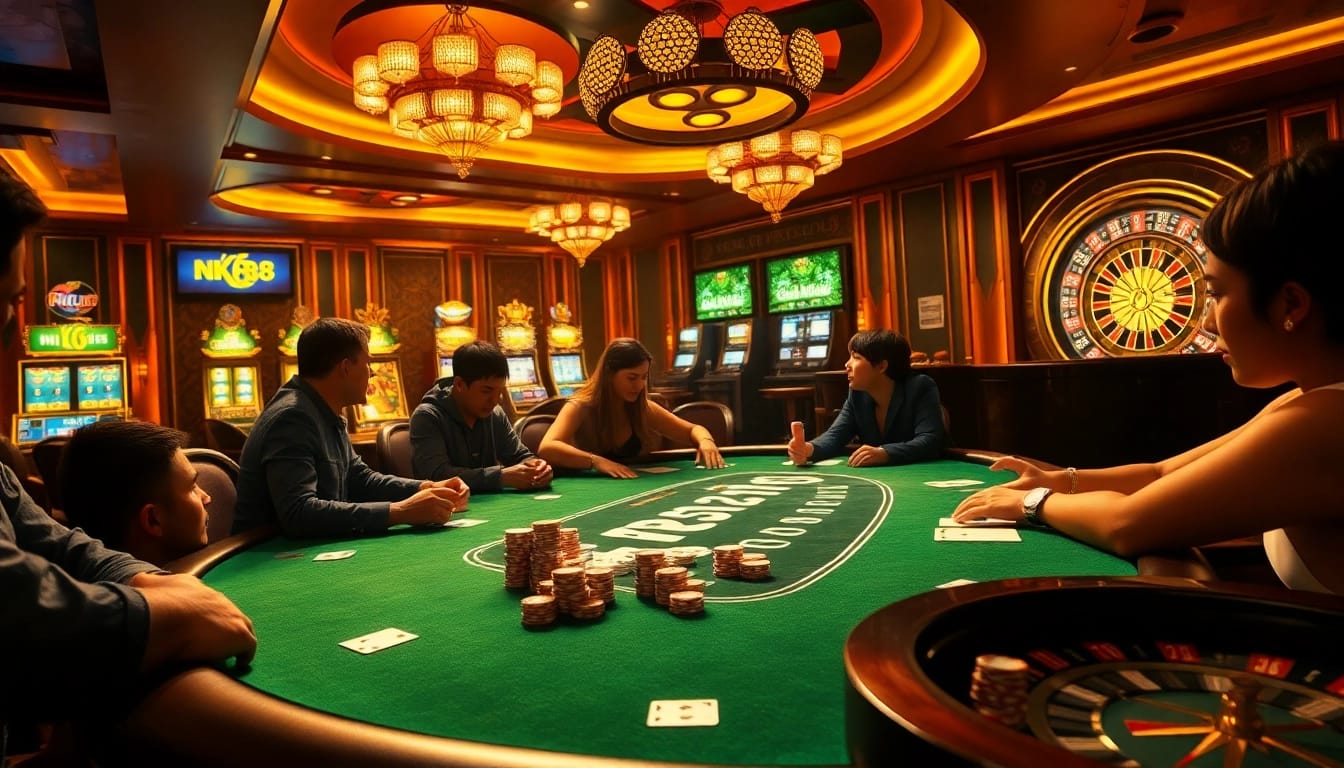 Players enjoying high-stakes games at NK88's vibrant casino table amidst a luxurious atmosphere.
