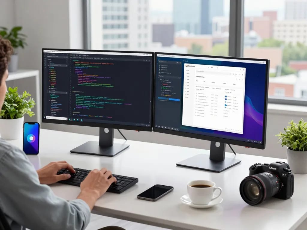 Productive workspace scene featuring Google Chrome with dual monitors and coding setup.