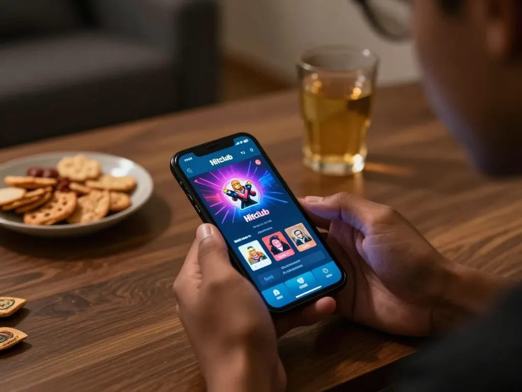 Hitclub mobile gaming experience with player focused on casino app interface in a cozy setting.