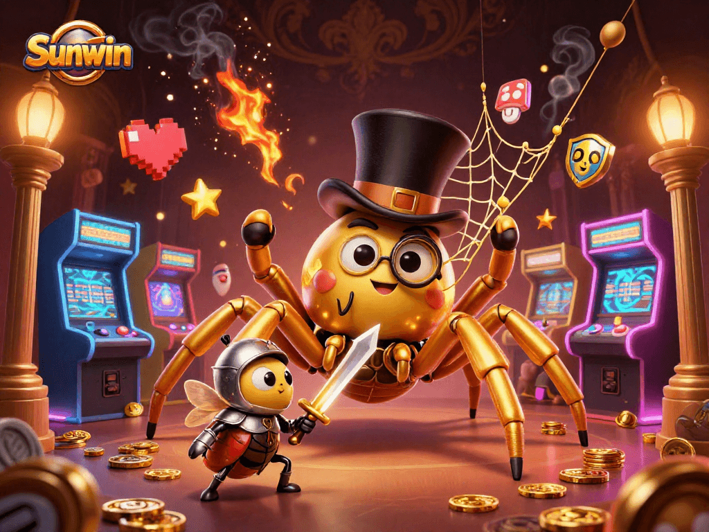 Play at Sunwin's vibrant casino with a golden tarantula weaving luck amidst arcade games.