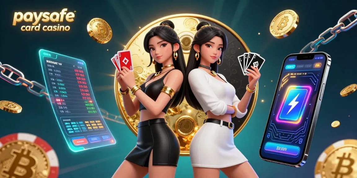 Paysafe Card Casino Illustration mit beeindruckenden Zwillings-asiatischen Frauen, die kraftvolle Glücksspielposen mit dynamischen digitalen Elementen präsentieren.