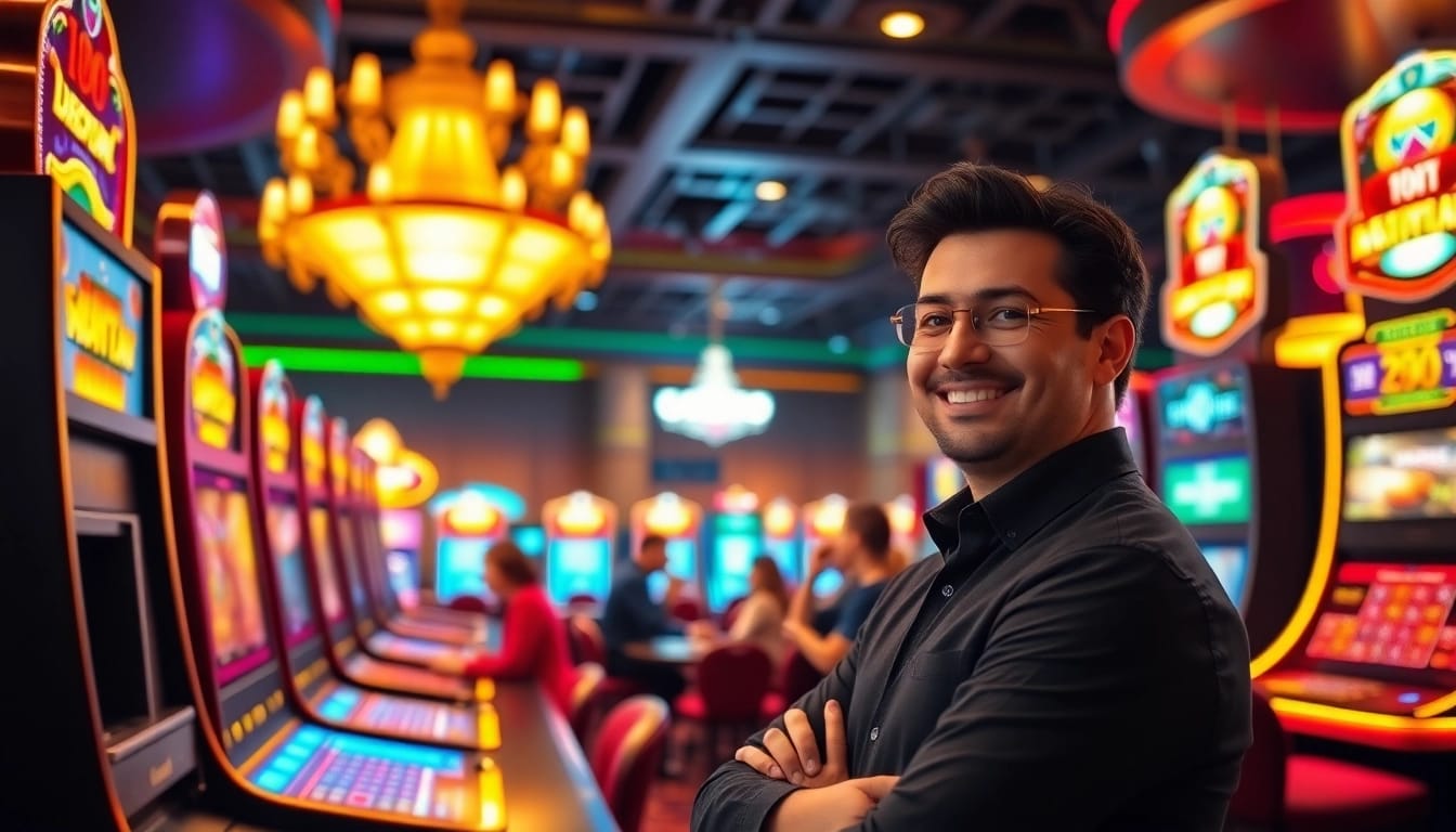 LolaJack Casino vibrant scene with players and live dealer tables in luxurious ambiance.