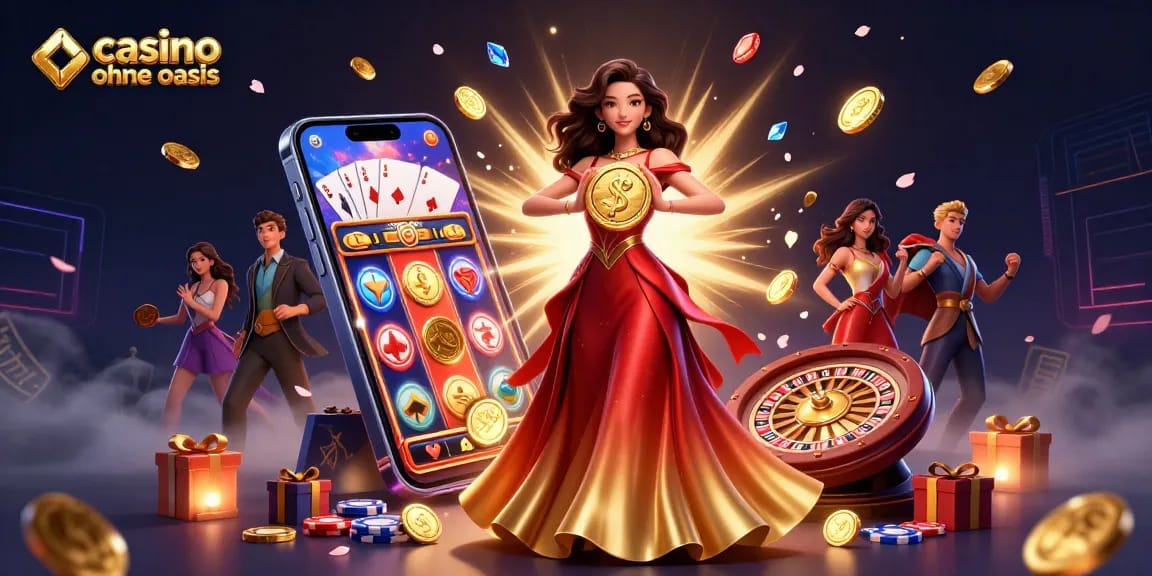 Play exciting games at casino ohne oasis, featuring vibrant slots, golden coins, and a stunning Asian woman holding a golden coin.