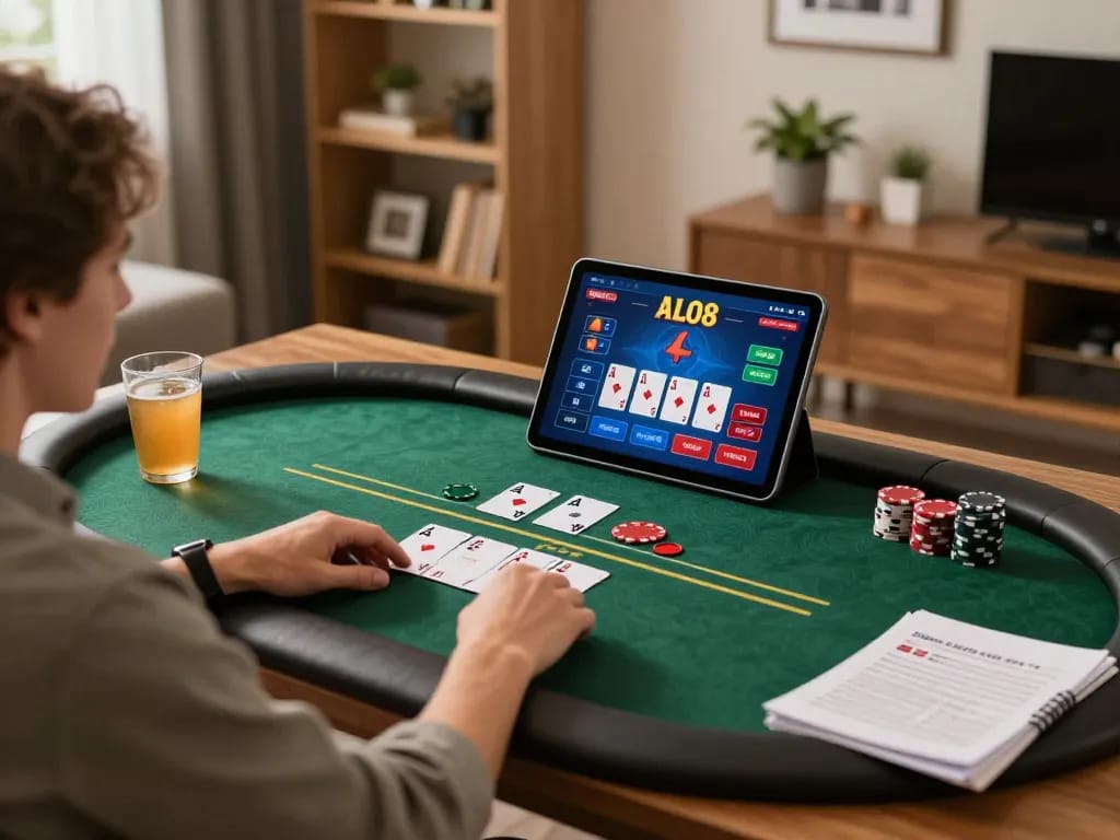 Engaging in the ALO8 poker game online from home, showcasing strategic gameplay elements.